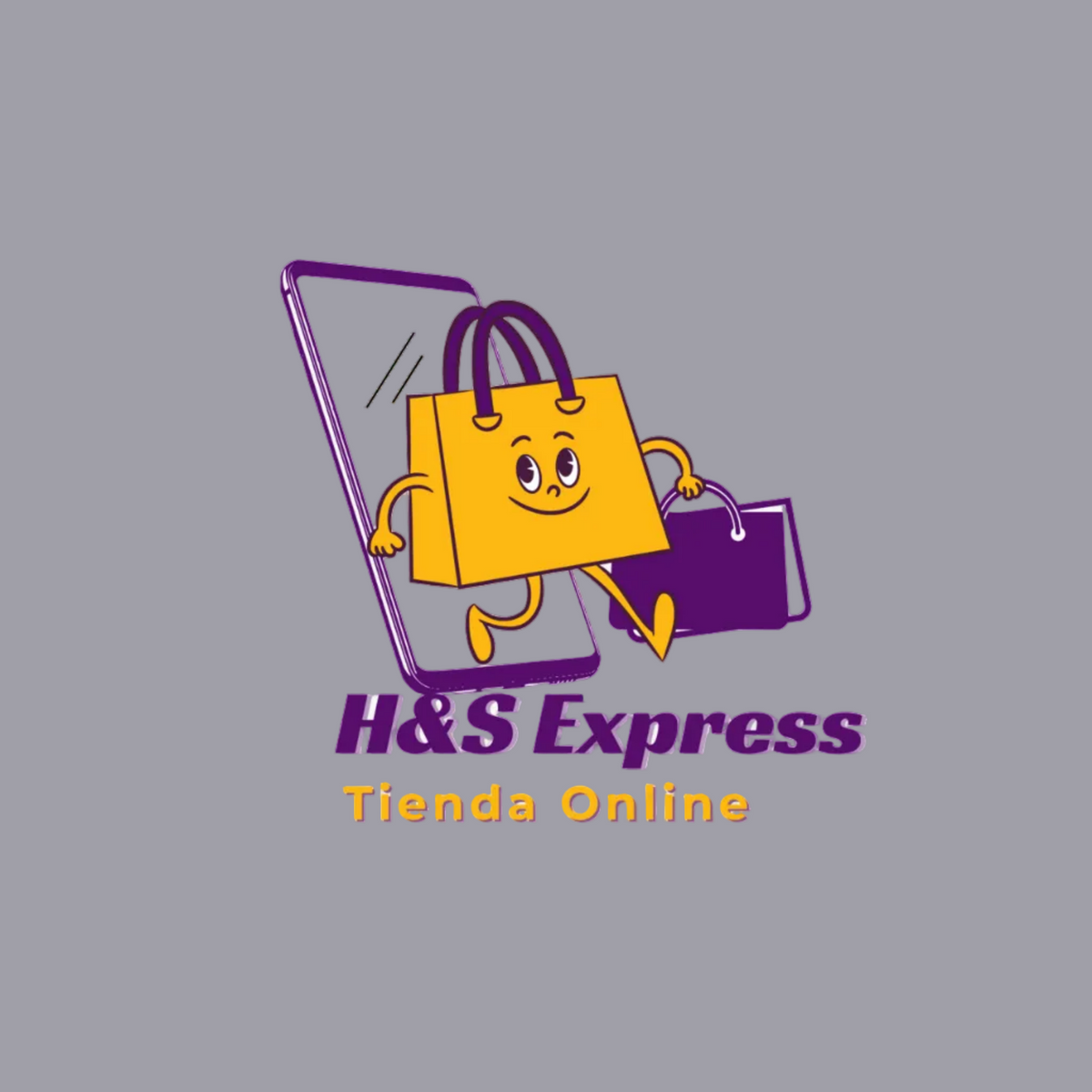 A digital graphic logo for 'H&S Express Tienda Online' featuring a yellow shopping bag character with a smiling face walking in front of a purple smartphone, holding a purple shopping bag, on a light gray background.